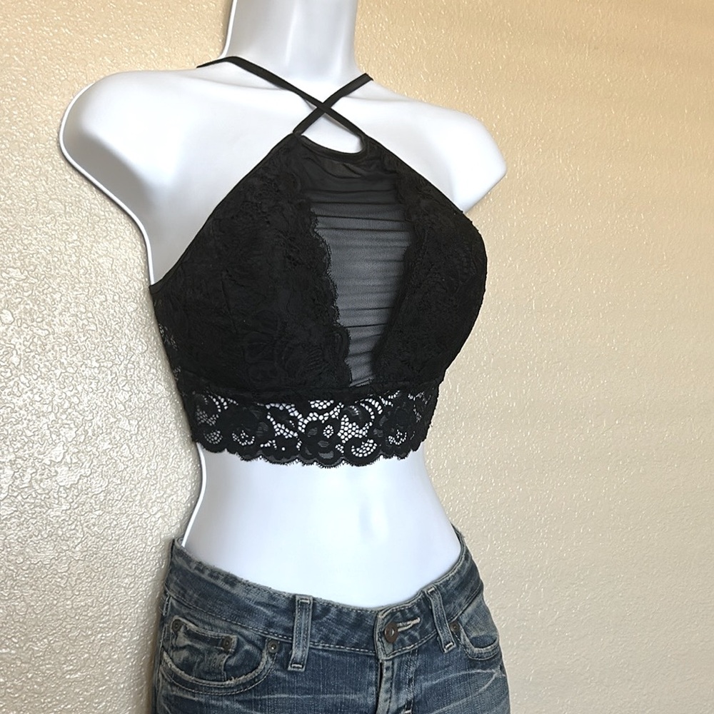 🖤 Black Lace Halter Crop Bralette Top Small NWT